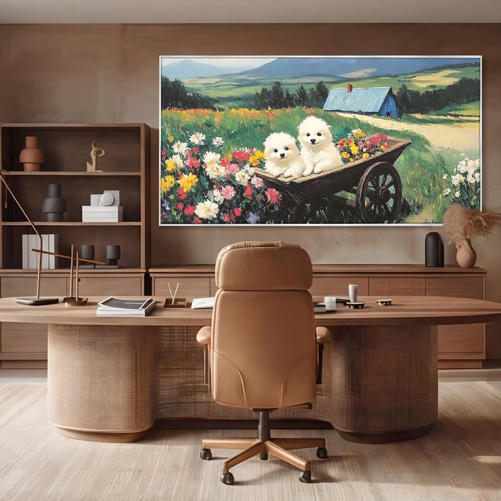 Tablou canvas cu tablou canvas cu catelusi intr-o roaba, in rama de aluminiu argintiu, pe perete intr-un birou